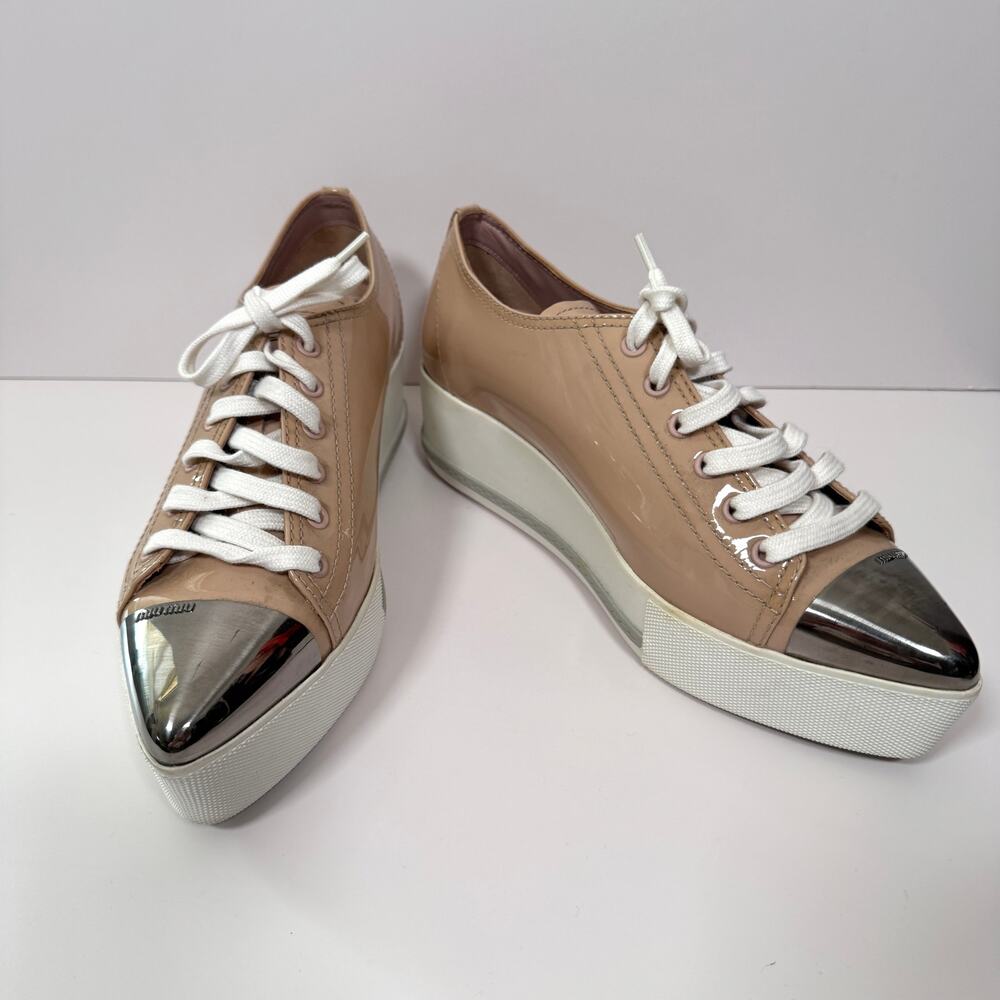 Miu Miu Womens Platform Patent Leather Sneaker Shoes Size 39 / 9 Cap Toe Tan